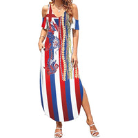 Hawaiian Sea Animals Family Matching Summer Maxi Dress and Hawaiian Shirt with Lei and Flag Style