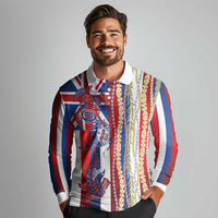 Hawaiian Sea Animals Long Sleeve Polo Shirt with Lei and Flag Style