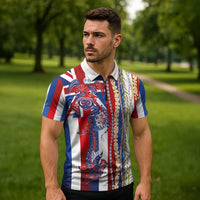 Hawaiian Sea Animals Zipper Polo Shirt with Lei and Flag Style