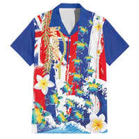 Hawaiian Sea Turtles and Plumeria Family Matching Off Shoulder Short Dress and Hawaiian Shirt with Lei and Flag Grunge Style LT03 Dad's Shirt - Short Sleeve Multicolor - Polynesian Pride