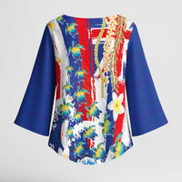 Hawaiian Sea Turtles and Plumeria Kimono Sleeve Blouse with Lei and Flag Grunge Style LT03 - Polynesian Pride