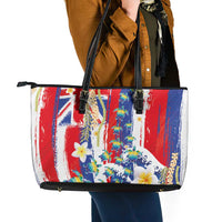 Hawaiian Sea Turtles and Plumeria Leather Tote Bag with Lei and Flag Grunge Style LT03 - Polynesian Pride
