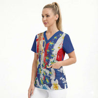 Hawaiian Sea Turtles and Plumeria Scrub Top with Lei and Flag Grunge Style