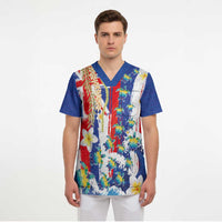 Hawaiian Sea Turtles and Plumeria Scrub Top with Lei and Flag Grunge Style