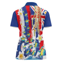 Hawaiian Sea Turtles and Plumeria Women Polo Shirt with Lei and Flag Grunge Style