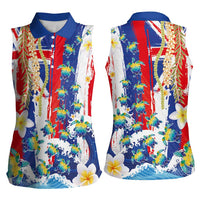 Hawaiian Sea Turtles and Plumeria Women Sleeveless Polo Shirt with Lei and Flag Grunge Style