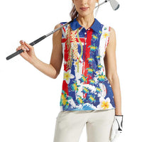 Hawaiian Sea Turtles and Plumeria Women Sleeveless Polo Shirt with Lei and Flag Grunge Style