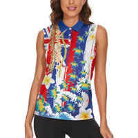 Hawaiian Sea Turtles and Plumeria Women Sleeveless Polo Shirt with Lei and Flag Grunge Style
