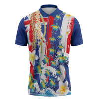 Hawaiian Sea Turtles and Plumeria Zipper Polo Shirt with Lei and Flag Grunge Style
