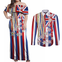 Hawaiian Polynesian Tribal Turtles Couples Matching Off Shoulder Maxi Dress and Long Sleeve Button Shirt with Lei and Flag Style LT03 Multicolor - Polynesian Pride
