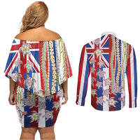 Hawaiian Polynesian Tribal Turtles Couples Matching Off Shoulder Short Dress and Long Sleeve Button Shirt with Lei and Flag Style LT03 - Polynesian Pride