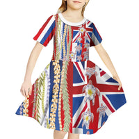 Hawaiian Polynesian Tribal Turtles Kid Short Sleeve Dress with Lei and Flag Style