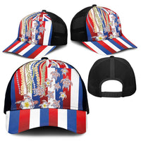 Hawaiian Polynesian Tribal Turtles Mesh Trucker Cap with Lei and Flag Style