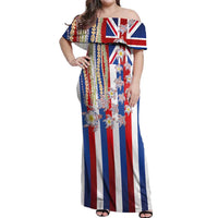 Hawaiian Polynesian Tribal Turtles Off Shoulder Maxi Dress with Lei and Flag Style
