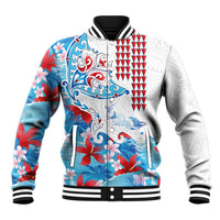 Hawaiian Tribal Manta Ray Baseball Jacket Kakau Tattoo and Flowers Surfing Waves Pattern Ocean Color