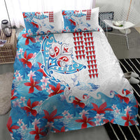 Hawaiian Tribal Manta Ray Bedding Set Kakau Tattoo and Flowers Surfing Waves Pattern Ocean Color