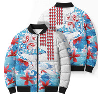 Hawaiian Tribal Manta Ray Bomber Puffer Jacket Kakau Tattoo and Flowers Surfing Waves Pattern Ocean Color