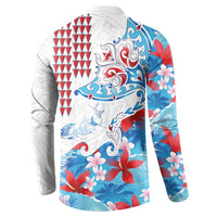 Hawaiian Tribal Manta Ray Button Sweatshirt Kakau Tattoo and Flowers Surfing Waves Pattern Ocean Color