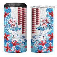 Hawaiian Tribal Manta Ray 4 in 1 Can Cooler Tumbler Kakau Tattoo and Flowers Surfing Waves Pattern Ocean Color