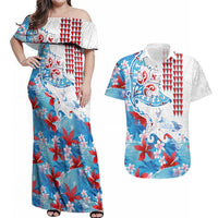 Hawaiian Tribal Manta Ray Couples Matching Off Shoulder Maxi Dress and Hawaiian Shirt Kakau Tattoo and Flowers Surfing Waves Pattern Ocean Color LT03 Multicolor - Polynesian Pride
