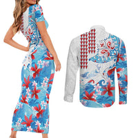 Hawaiian Tribal Manta Ray Couples Matching Short Sleeve Bodycon Dress and Long Sleeve Button Shirt Kakau Tattoo and Flowers Surfing Waves Pattern Ocean Color