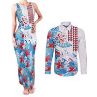 Hawaiian Tribal Manta Ray Couples Matching Tank Maxi Dress and Long Sleeve Button Shirt Kakau Tattoo and Flowers Surfing Waves Pattern Ocean Color