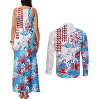 Hawaiian Tribal Manta Ray Couples Matching Tank Maxi Dress and Long Sleeve Button Shirt Kakau Tattoo and Flowers Surfing Waves Pattern Ocean Color