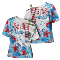 Hawaiian Tribal Manta Ray Cross Shoulder Shirt Kakau Tattoo and Flowers Surfing Waves Pattern Ocean Color