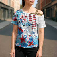 Hawaiian Tribal Manta Ray Cross Shoulder Shirt Kakau Tattoo and Flowers Surfing Waves Pattern Ocean Color