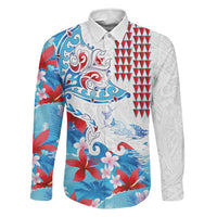 Hawaiian Tribal Manta Ray Family Matching Long Sleeve Bodycon Dress and Hawaiian Shirt Kakau Tattoo and Flowers Surfing Waves Pattern Ocean Color LT03 Dad's Shirt - Long Sleeve Multicolor - Polynesian Pride