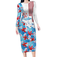 Hawaiian Tribal Manta Ray Family Matching Long Sleeve Bodycon Dress and Hawaiian Shirt Kakau Tattoo and Flowers Surfing Waves Pattern Ocean Color LT03 Mom's Dress Multicolor - Polynesian Pride