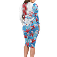 Hawaiian Tribal Manta Ray Family Matching Long Sleeve Bodycon Dress and Hawaiian Shirt Kakau Tattoo and Flowers Surfing Waves Pattern Ocean Color LT03 - Polynesian Pride