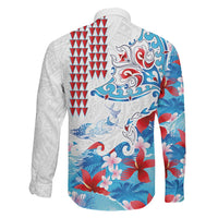 Hawaiian Tribal Manta Ray Family Matching Off Shoulder Maxi Dress and Hawaiian Shirt Kakau Tattoo and Flowers Surfing Waves Pattern Ocean Color LT03 - Polynesian Pride