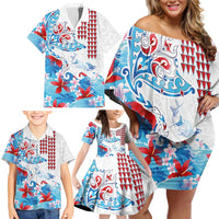 Hawaiian Tribal Manta Ray Family Matching Off Shoulder Short Dress and Hawaiian Shirt Kakau Tattoo and Flowers Surfing Waves Pattern Ocean Color LT03 - Polynesian Pride