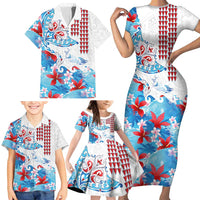 Hawaiian Tribal Manta Ray Family Matching Short Sleeve Bodycon Dress and Hawaiian Shirt Kakau Tattoo and Flowers Surfing Waves Pattern Ocean Color LT03 - Polynesian Pride