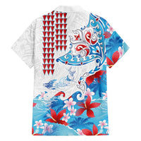 Hawaiian Tribal Manta Ray Hawaiian Shirt Kakau Tattoo and Flowers Surfing Waves Pattern Ocean Color