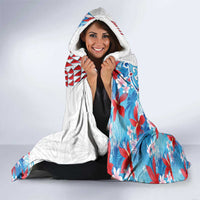 Hawaiian Tribal Manta Ray Hooded Blanket Kakau Tattoo and Flowers Surfing Waves Pattern Ocean Color