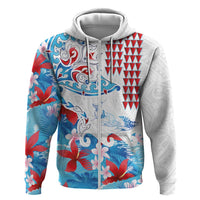 Hawaiian Tribal Manta Ray Hoodie Kakau Tattoo and Flowers Surfing Waves Pattern Ocean Color