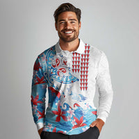 Hawaiian Tribal Manta Ray Long Sleeve Polo Shirt Kakau Tattoo and Flowers Surfing Waves Pattern Ocean Color