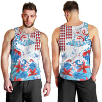 Hawaiian Tribal Manta Ray Men Tank Top Kakau Tattoo and Flowers Surfing Waves Pattern Ocean Color LT03 - Polynesian Pride