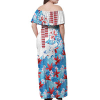 Hawaiian Tribal Manta Ray Off Shoulder Maxi Dress Kakau Tattoo and Flowers Surfing Waves Pattern Ocean Color LT03 - Polynesian Pride