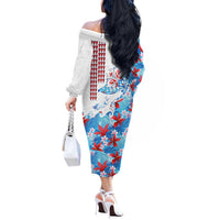 Hawaiian Tribal Manta Ray Off The Shoulder Long Sleeve Dress Kakau Tattoo and Flowers Surfing Waves Pattern Ocean Color