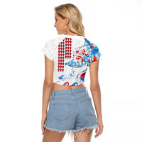 Hawaiian Tribal Manta Ray Raglan Cropped T Shirt Kakau Tattoo and Flowers Surfing Waves Pattern Ocean Color LT03 - Polynesian Pride