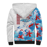 Hawaiian Tribal Manta Ray Sherpa Hoodie Kakau Tattoo and Flowers Surfing Waves Pattern Ocean Color