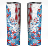 Hawaiian Tribal Manta Ray Skinny Tumbler Kakau Tattoo and Flowers Surfing Waves Pattern Ocean Color