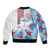Hawaiian Tribal Manta Ray Sleeve Zip Bomber Jacket Kakau Tattoo and Flowers Surfing Waves Pattern Ocean Color LT03 - Polynesian Pride