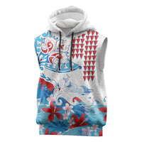 Hawaiian Tribal Manta Ray Sleeveless Hoodie Kakau Tattoo and Flowers Surfing Waves Pattern Ocean Color LT03 Multicolor - Polynesian Pride