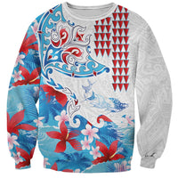 Hawaiian Tribal Manta Ray Sweatshirt Kakau Tattoo and Flowers Surfing Waves Pattern Ocean Color