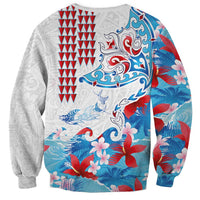 Hawaiian Tribal Manta Ray Sweatshirt Kakau Tattoo and Flowers Surfing Waves Pattern Ocean Color