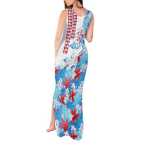 Hawaiian Tribal Manta Ray Tank Maxi Dress Kakau Tattoo and Flowers Surfing Waves Pattern Ocean Color